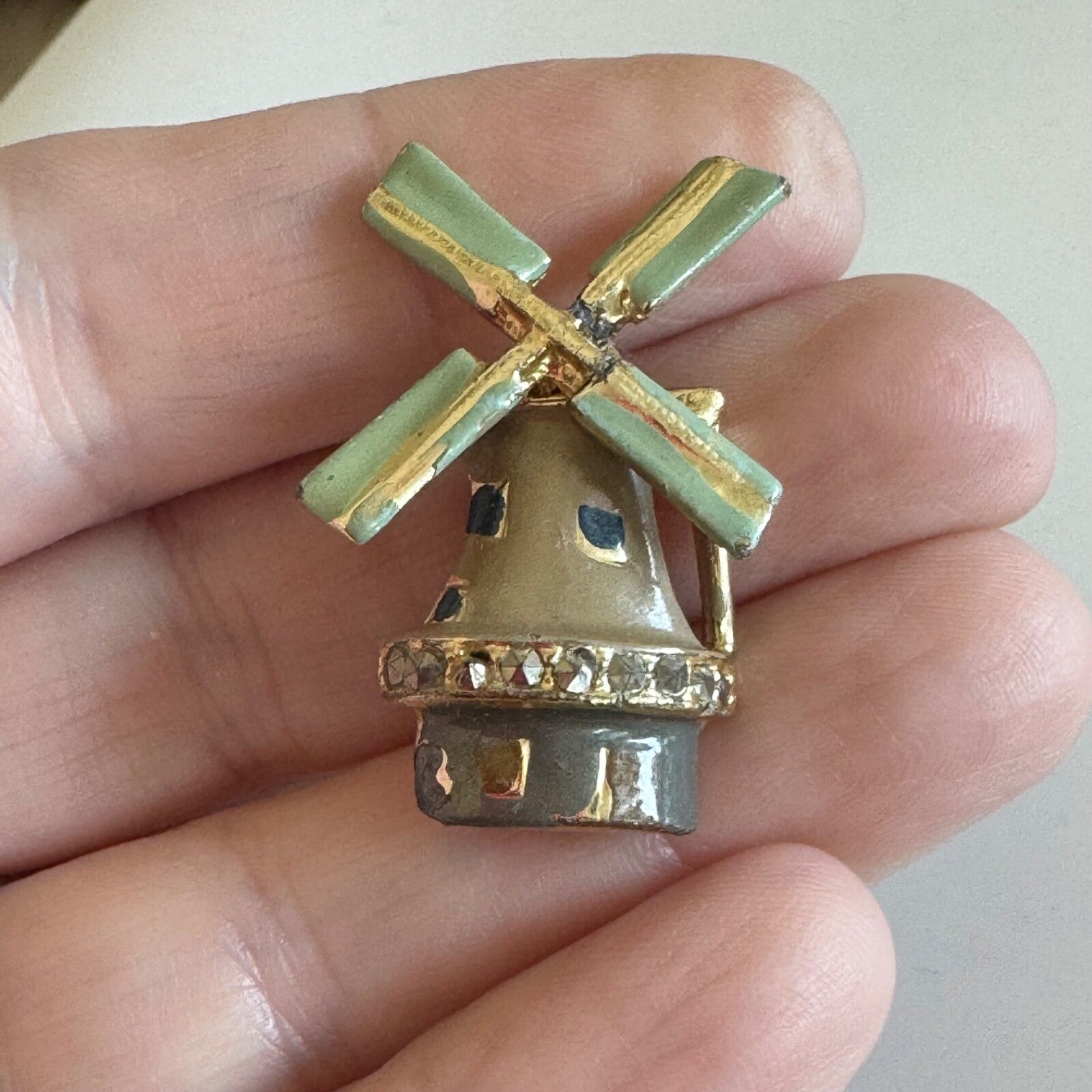 Vintage Windmill Brooch Enamel Enamel Grey Green Gold Tone