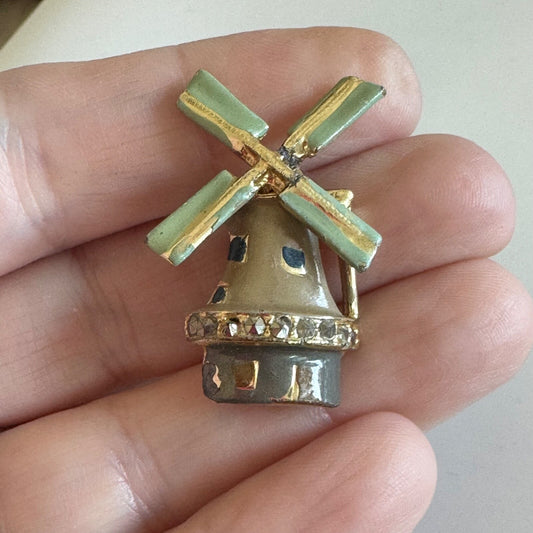 Vintage Windmill Brooch Enamel Enamel Grey Green Gold Tone