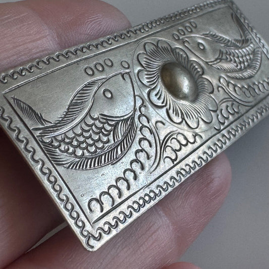 Hand Carved Silver Toned Metal Fish and Flower Brooch Pin Southwestern
