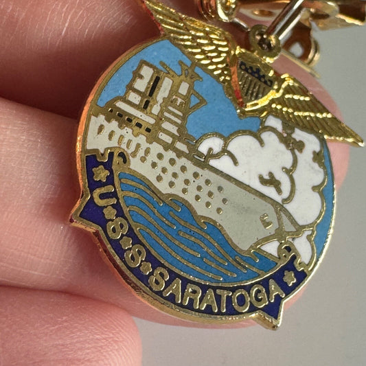 Vintage USS Saratoga Dangle Bow Enamel Navy Sweetheart Pin Brooch