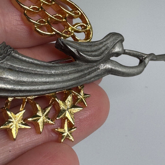 Vintage Pewter Angel Brooch with Golden Wings and Stars Pin Trumpeting