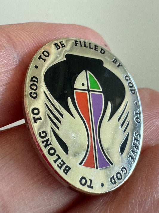 RELIGIOUS LAPEL PIN - TO BELONG TO GOD TO BE FILLED BY GOD TO SERVE GOD CHURCH