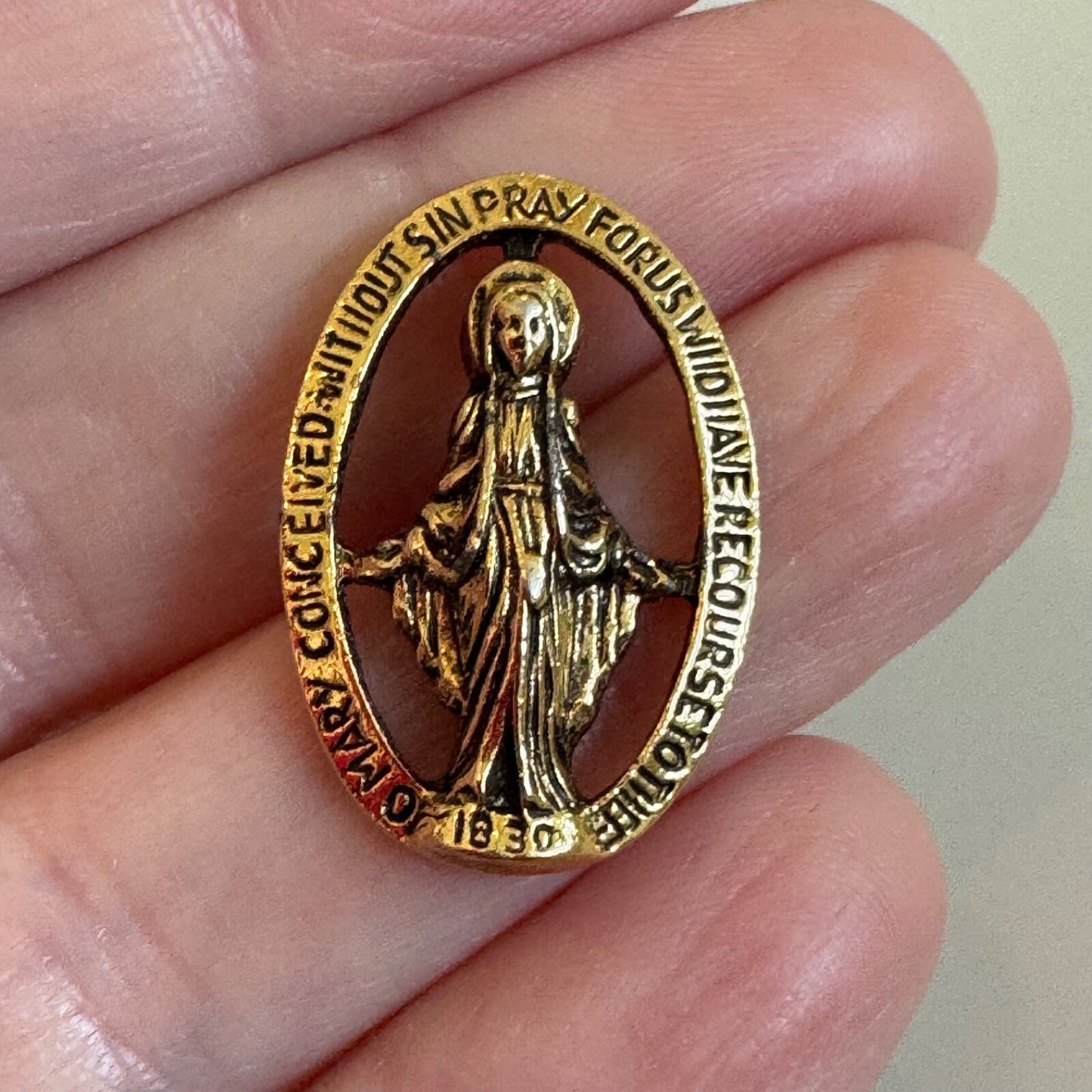 Miraculous Mary Medal Style Virgin Mary Oval Catholic Pin Gold Tone