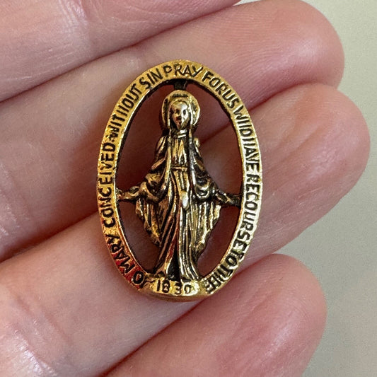 Miraculous Mary Medal Style Virgin Mary Oval Catholic Pin Gold Tone