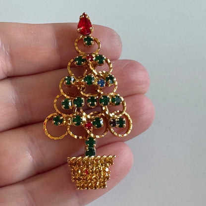 Vintage Gold Tone Rhinestone Christmas Tree Brooch Red Green Gold Blue Stones