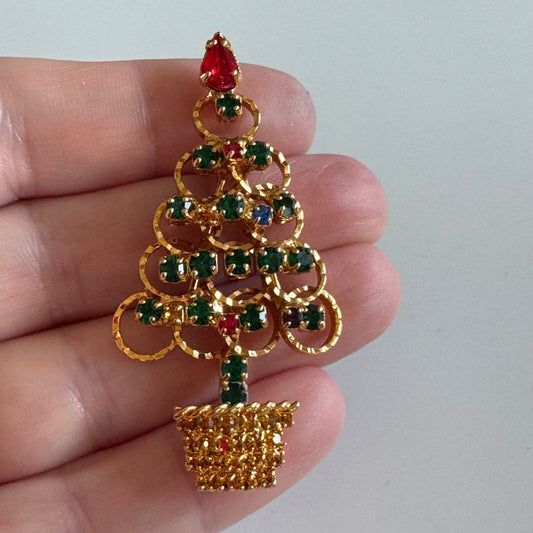 Vintage Gold Tone Rhinestone Christmas Tree Brooch Red Green Gold Blue Stones