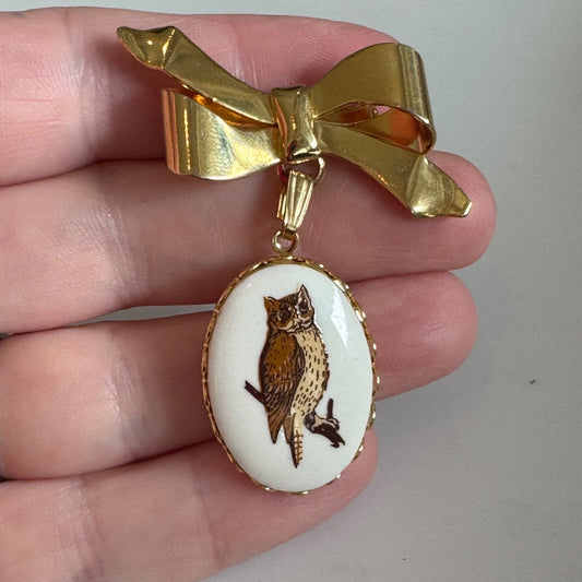 Vintage Owl Dangle Brow Brooch Pin Oval