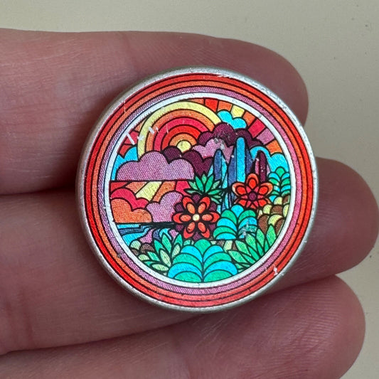 VINTAGE 70s Colorful Psychedelic Landscape Illustration Round Circle Pin