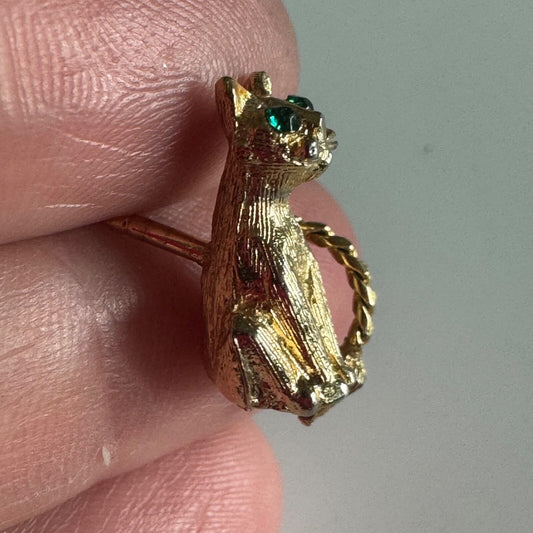 Vintage Gold Tone Cat Lapel Pin Tie Tack Green Stone Eyes Moveable Tail