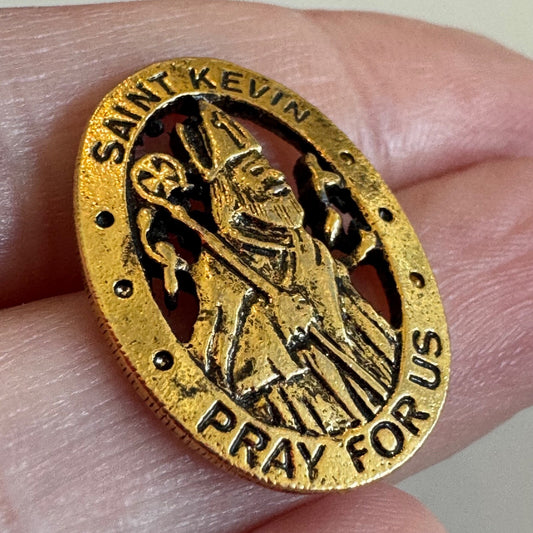 Saint Kevin “Pray for Us” Oval Devotional Brass Tone Pin St
