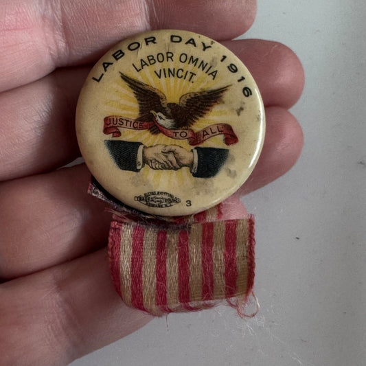 Antique 1916 Labor Day Lapel Pin Justice to All Union Omnia Vincit