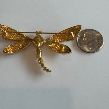 Vintage KJL for Avon Dragonfly Brooch Crystal Enamel Gold Tone Pin