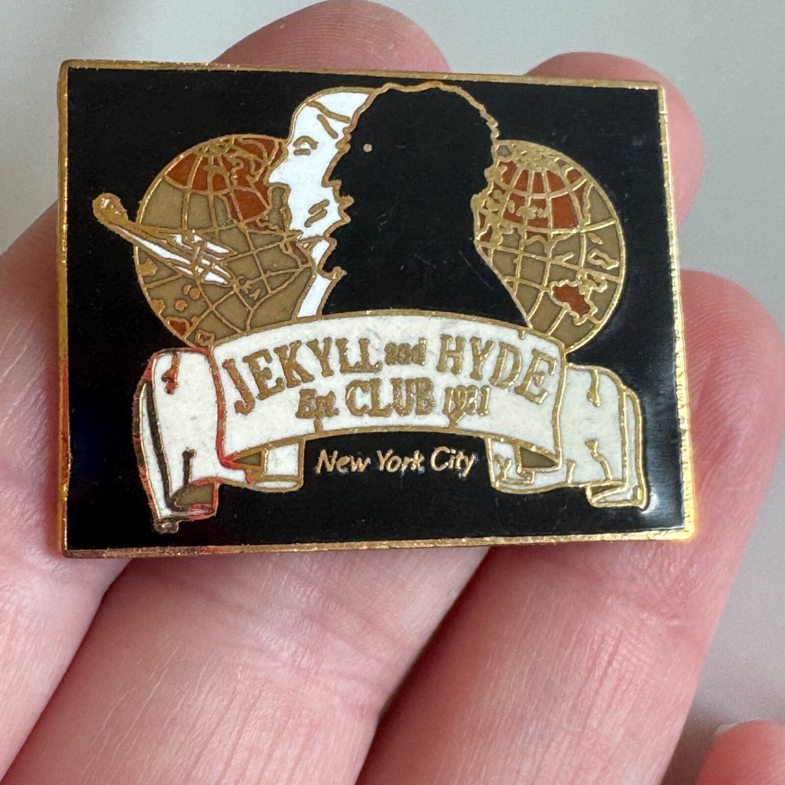Vintage Jekyll and Hyde Club New York City Enamel Lapel Pin Globe Design