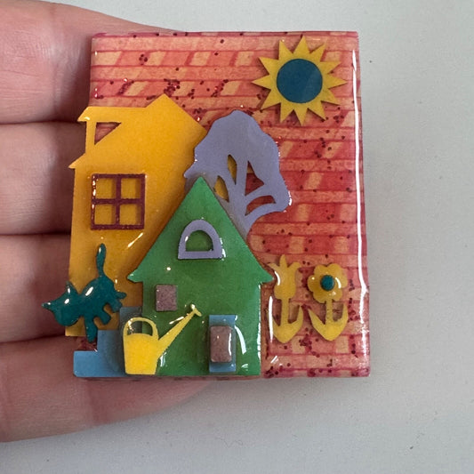 Vintage House Pins by Lucinda CAT Watering Can Flowers Sun Bricks Brooch Pin