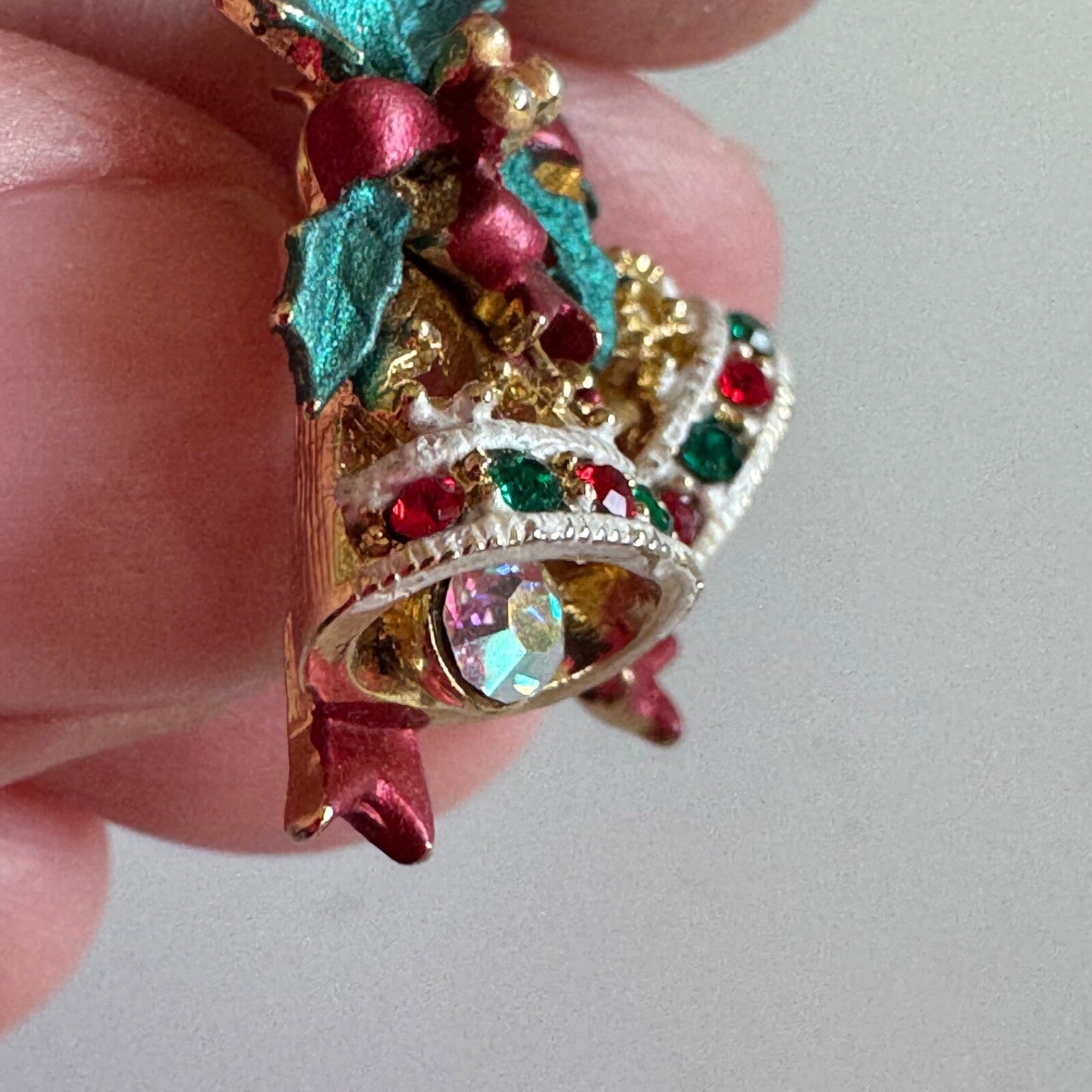 Vintage Christmas Bells Scatter Lapel Pin with Crystals Holly AB Rhinestone
