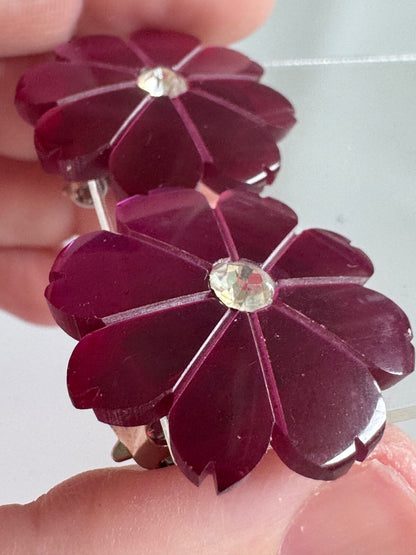 Retro Purple Lucite Flower Clip-On Earrings – Metallic Petal Design Thermoset?