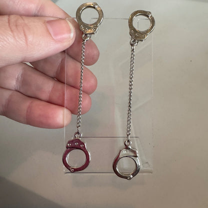 Vintage Silver Tone Handcuff Pierced Long Dangle Earrings