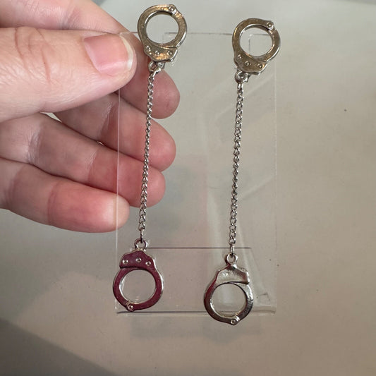 Vintage Silver Tone Handcuff Pierced Long Dangle Earrings