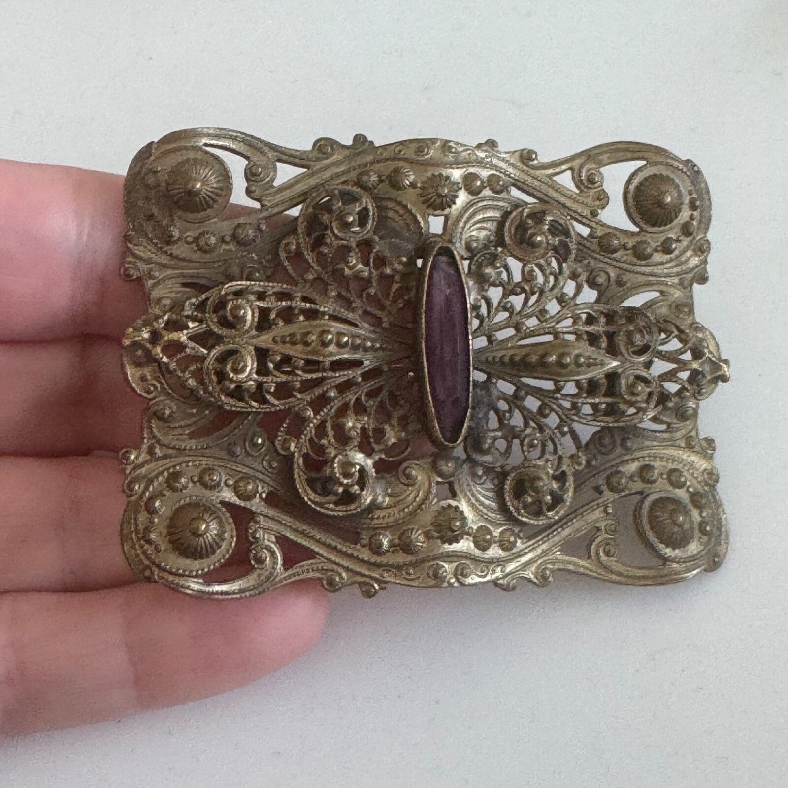 Antique Victorian Filigree Sash Brooch Pin Purple Stone Art Nouveau
