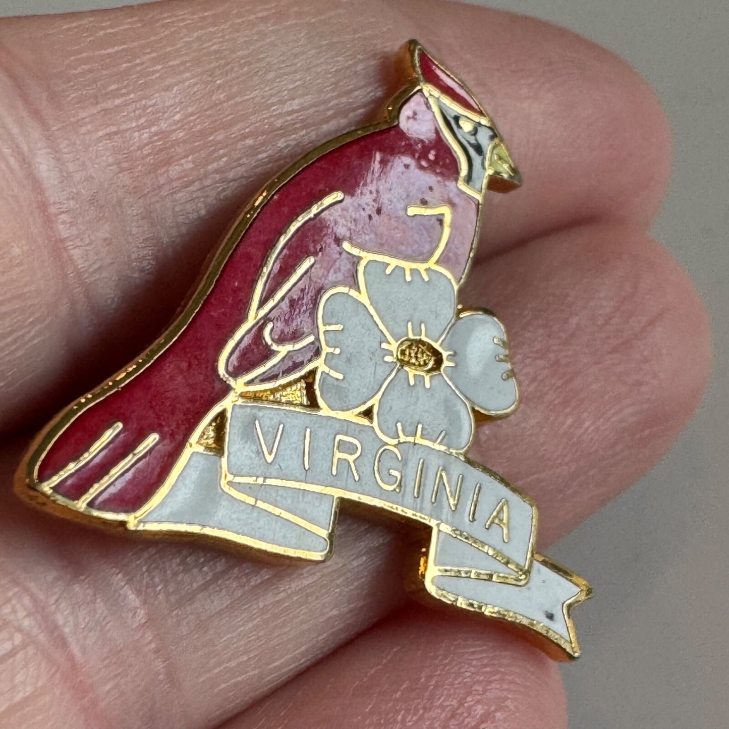 Vintage Virginia Souvenir Tourist Lapel Pin Cardinal Dogwood