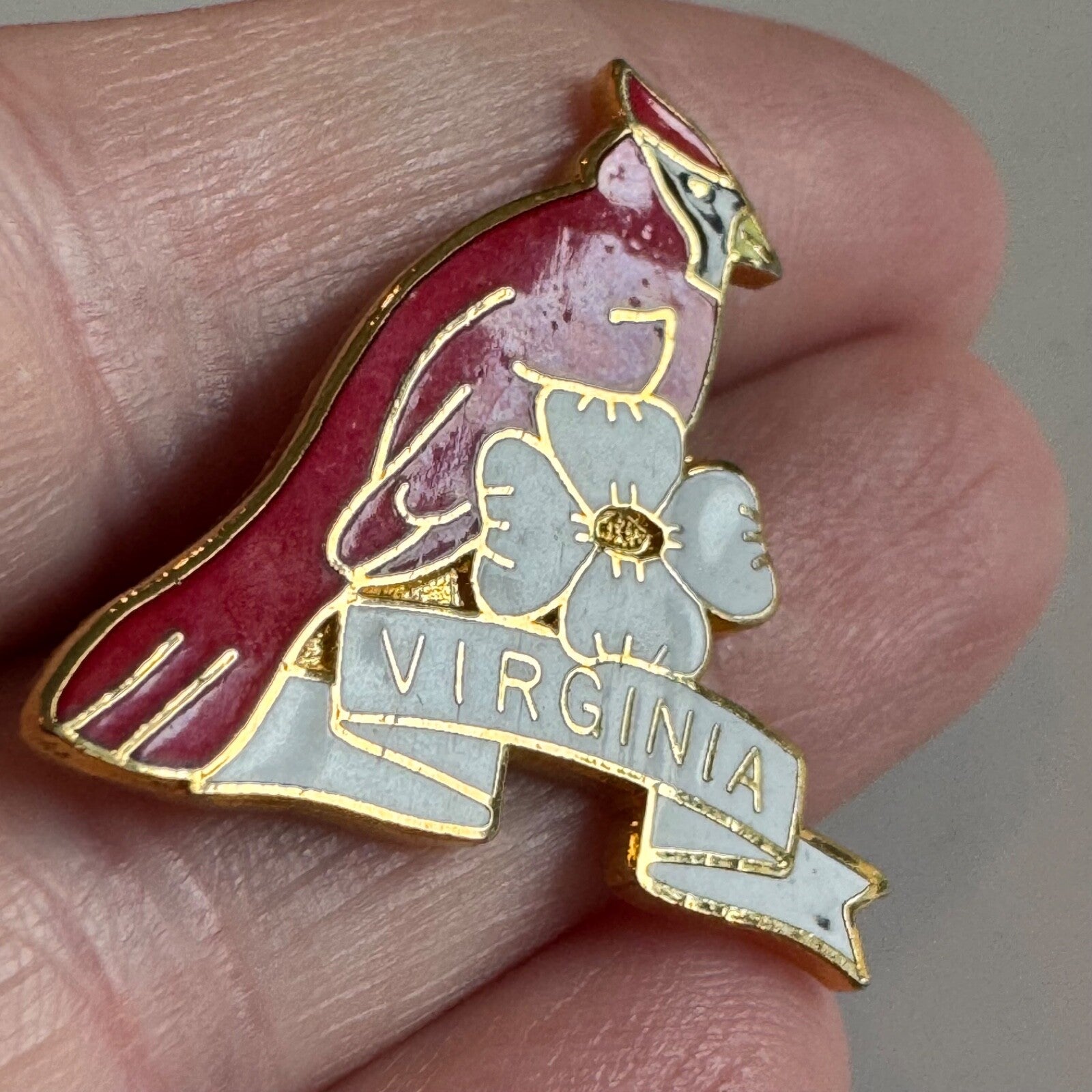 Vintage Virginia Souvenir Tourist Lapel Pin Cardinal Dogwood