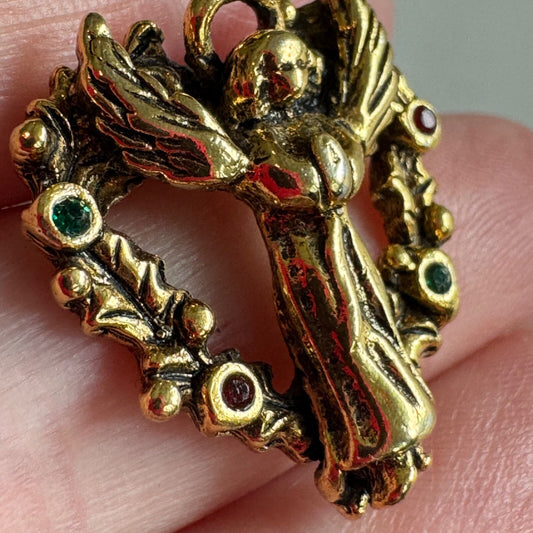 Vintage Gold Tone Christmas Angel Red Green Stones Lapel Pin