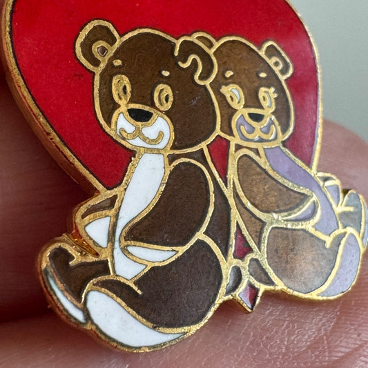 Vintage Teddy Bear Heart Enamel Lapel Pin Brooch