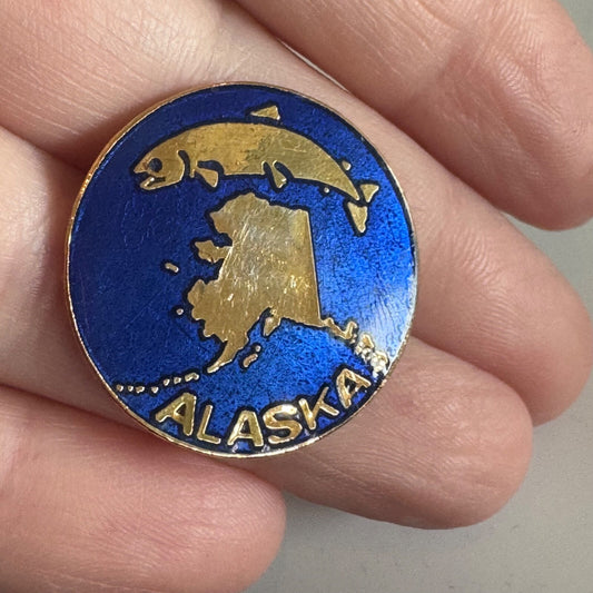 Vintage Cloisonne Alaska Blue Souvenir Lapel Pin Salmon 