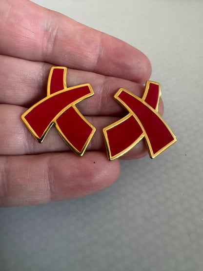 Gorgeous Monet Red Enamel X Pierced Earrings 1980s 1990s