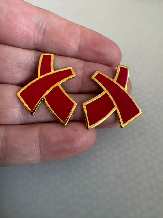 Gorgeous Monet Red Enamel X Pierced Earrings 1980s 1990s