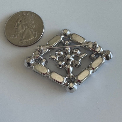 Stunning Vintage Silver Tone Blue Stone Crystal Geometric Brooch Pin