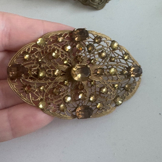 Vintage Filigree Crystal Art Nouveau Brooch with Safety Clasp C-Clasp