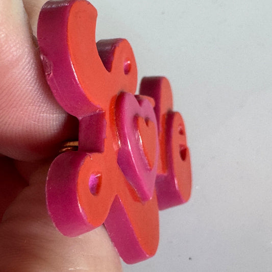 Vintage Love Heart Script Brooch Pin Plastic Red Pink 
