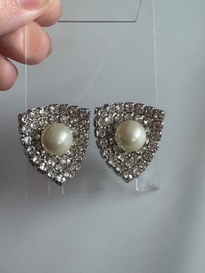 Vintage Kramer NY Rhinestone & Faux Pearl Clip-On Earrings – Shield Shape