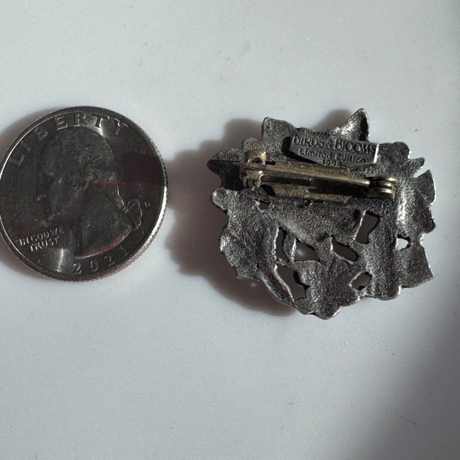 Vintage Butterfly Flower Wreath Pewter Birds & Blooms Brooch Pin