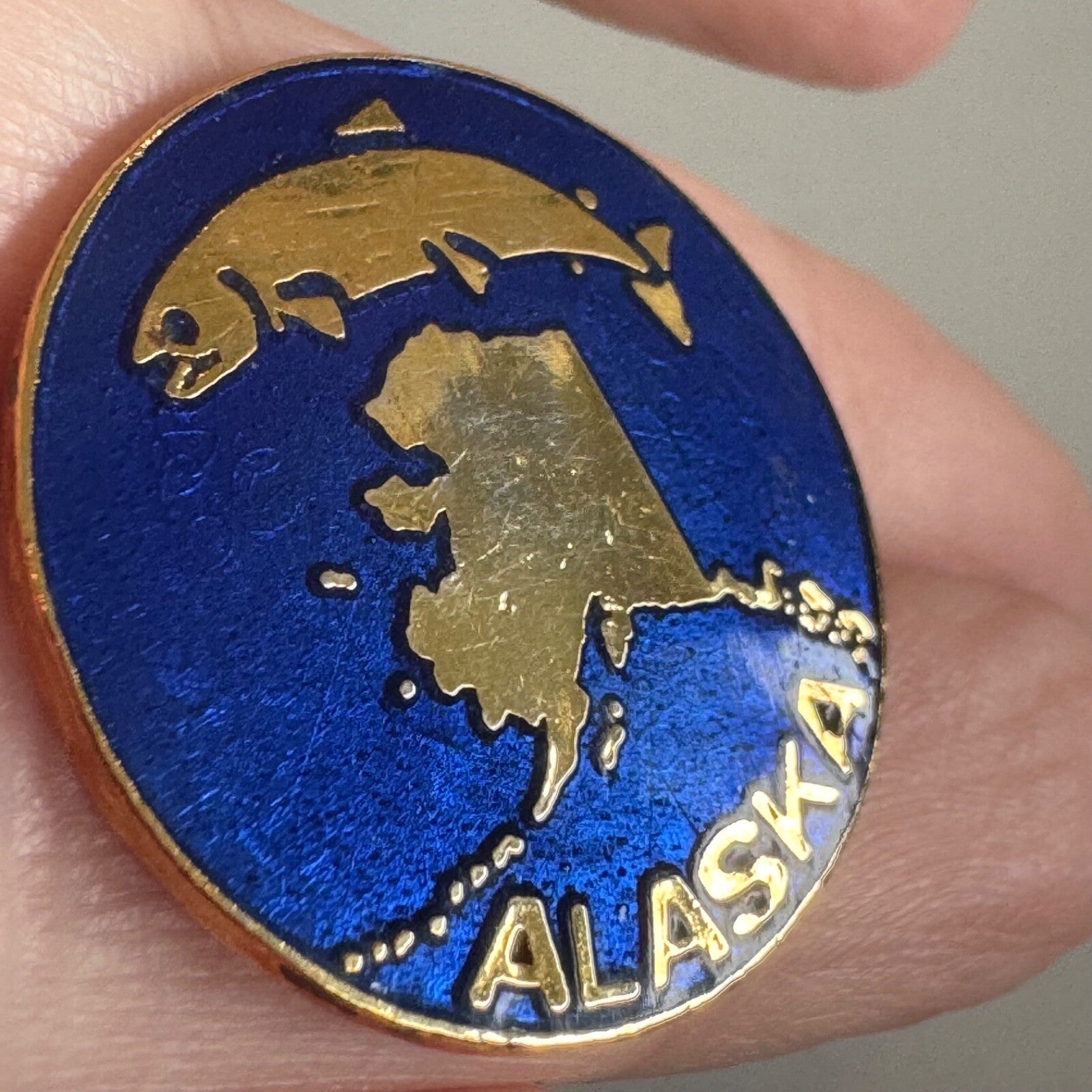 Vintage Cloisonne Alaska Blue Souvenir Lapel Pin Salmon 