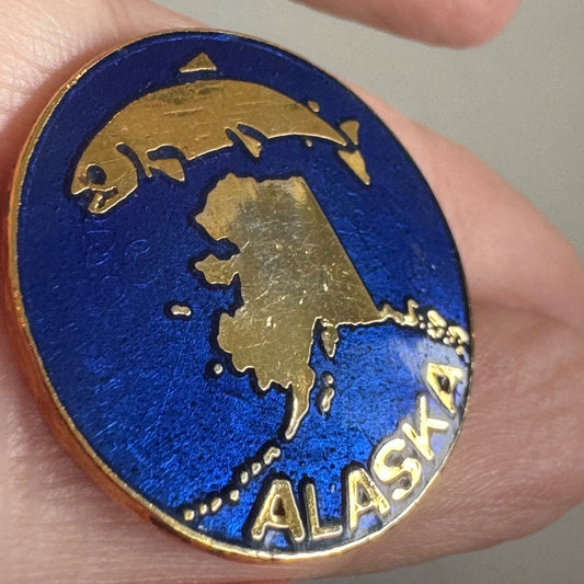 Vintage Cloisonne Alaska Blue Souvenir Lapel Pin Salmon 