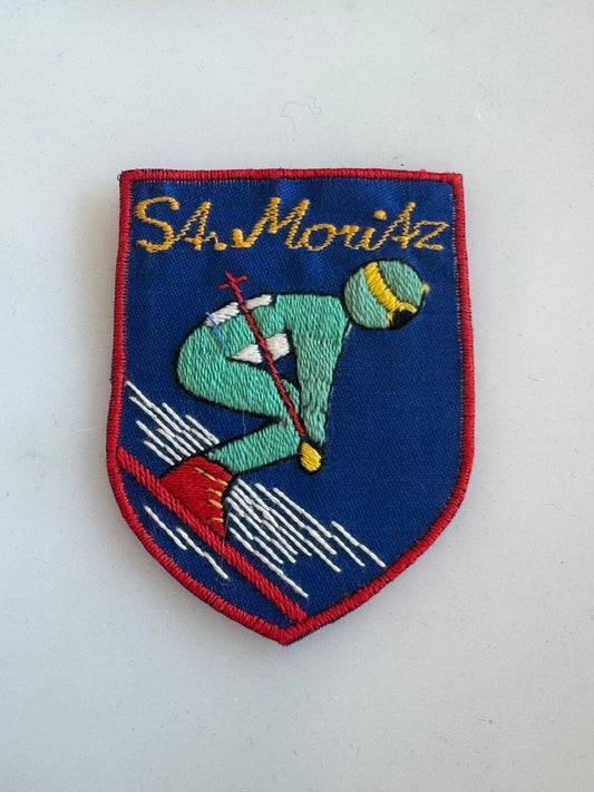 Vintage St. Moritz Ski Patch Embroidered Skiing Downhill Skiier Switzerland