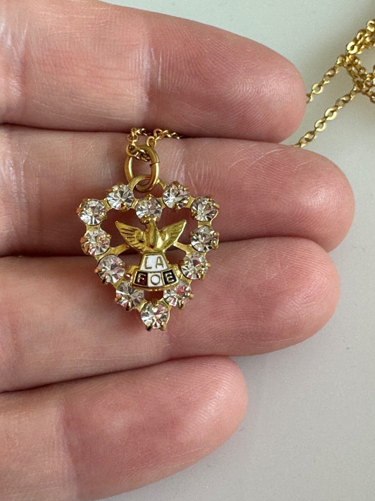 FOE Ladies Auxiliary Rhinestone Heart Pendant Necklace Fraternal Order of Eagles