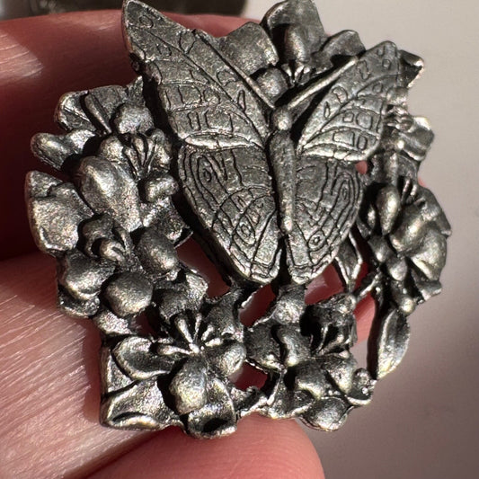 Vintage Butterfly Flower Wreath Pewter Birds & Blooms Brooch Pin