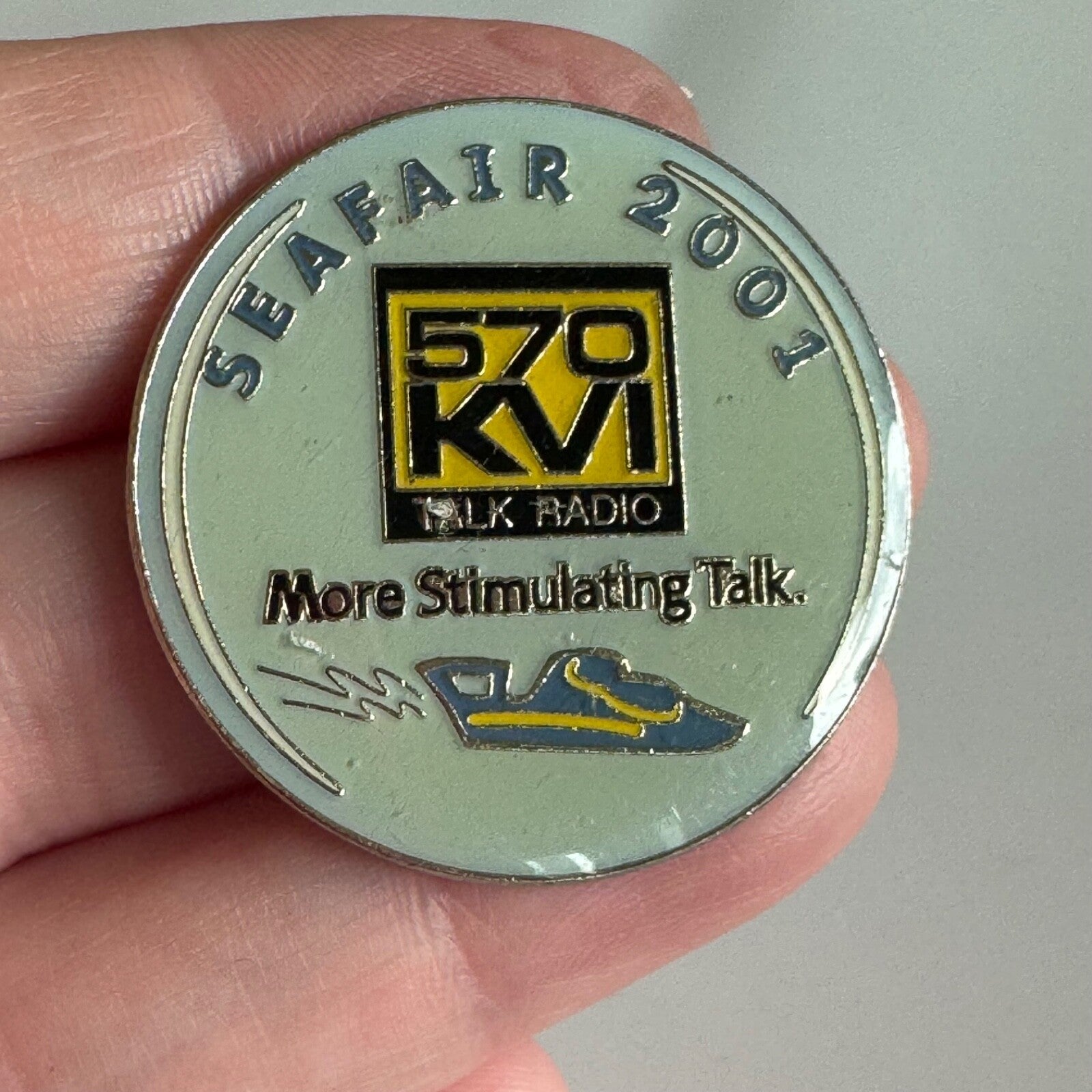 Vintage Seattle Seafair 2001 570 KVI Talk Radio More Stimulating Talk Lapel Pin