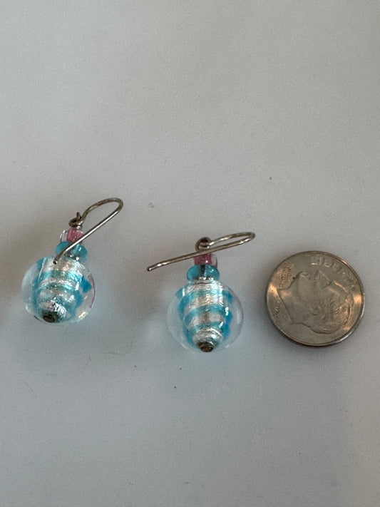 Dichroic Glass Pink Blue Clear Pierced Dangle Earrings