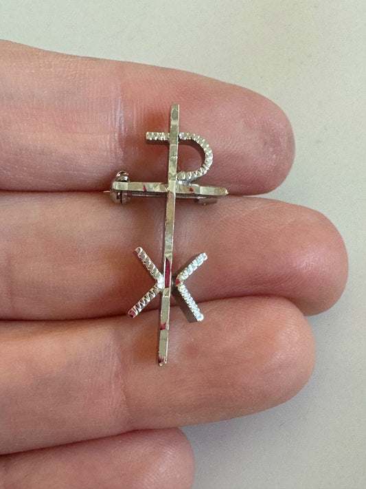 Silver Tone Chi Rho Christian Cross Symbol Brooch Lapel Pin