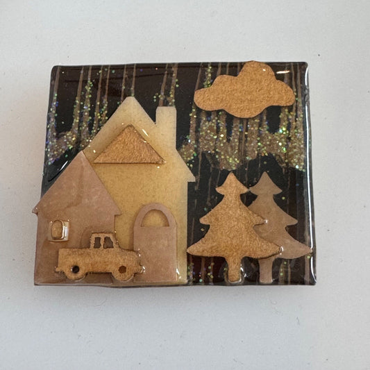 Vintage House Pins by Lucinda Sparkle Snow Truck Evergreen Trees Brooch Pin