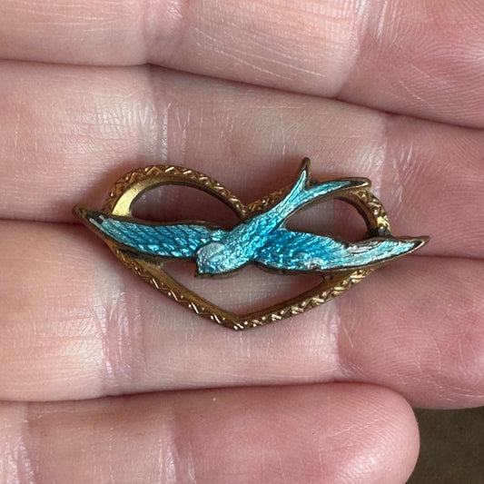 Gorgeous Guilloche Bluebird Victorian Heart Lovebird Brooch Pin Swallow Love