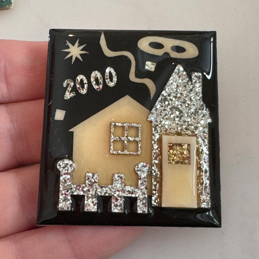 Vintage Y2K House Pins by Lucinda Glitter 2000 New Years Eve Brooch Pin Mask