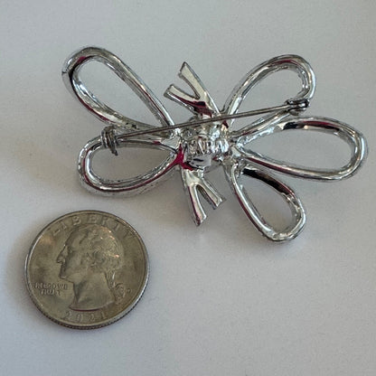 Vintage TARA Silver Tone Bow Brooch Rhinestone Crystal Pearl