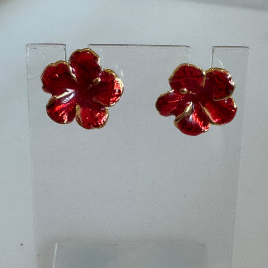 Vintage Red Enamel Plumeria Flower Pierced Gold Tone