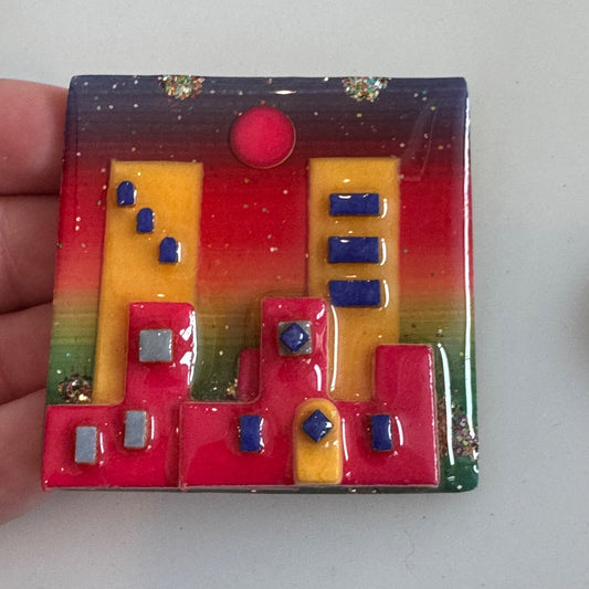 Vtg House Pins by Lucinda Twin Towers High Rise Apartments Sparkle Sunset Brooch