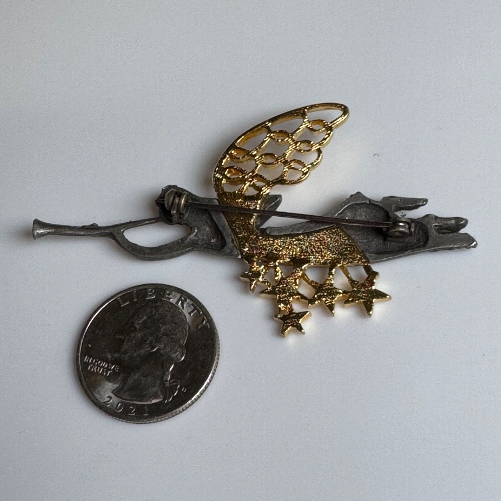 Vintage Pewter Angel Brooch with Golden Wings and Stars Pin Trumpeting